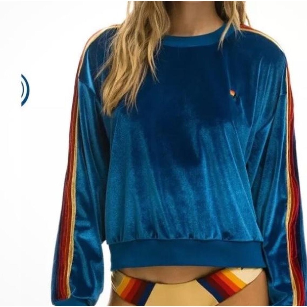 Aviator Nation Blue and Red Crew Neck Sweater with Plush Finish